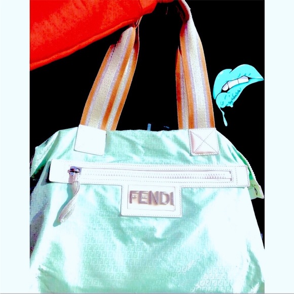 Fendi Monogram Blue Green Logo Nylon Beach Bag - Picture 8 of 11